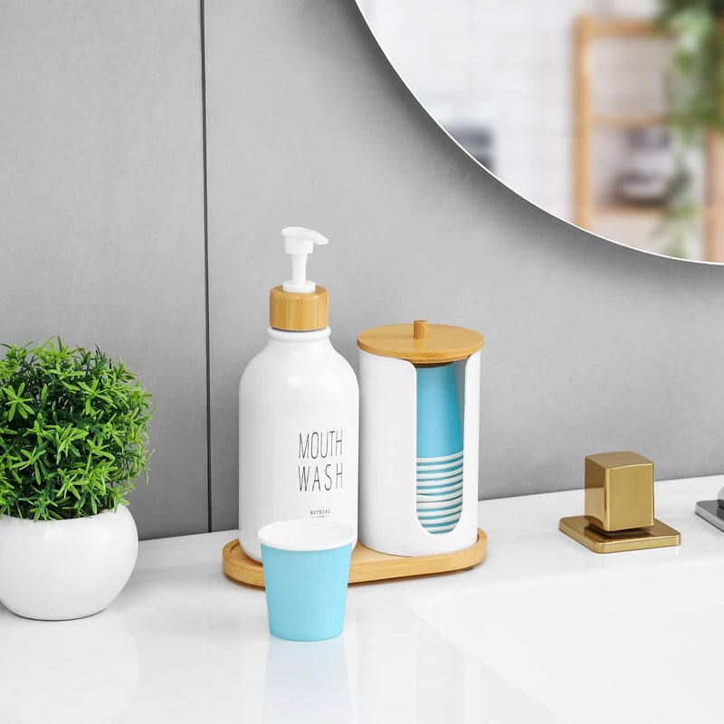 VITVITI Mouthwash Dispenser for Bathroom, Mouth Wash Pump Bottle with Paper Cup Holder, 17Oz Refillable White Mouthwash Container with Bamboo Lid/Tray/Label - Image 2